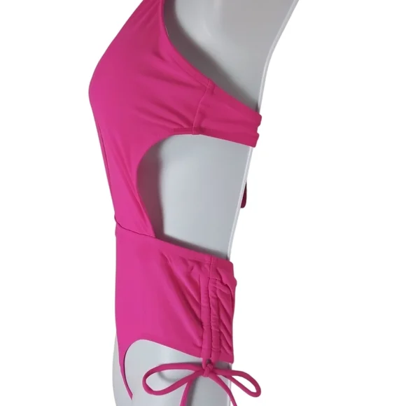 Al'mage Women's Hot Pink One Piece Swimsuit Mesh Halter Drawstring.… - Picture 5 of 5